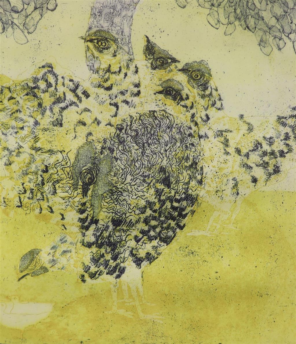 Patricia Moynagh, etching, Bantams, signed, 31 x 26cm